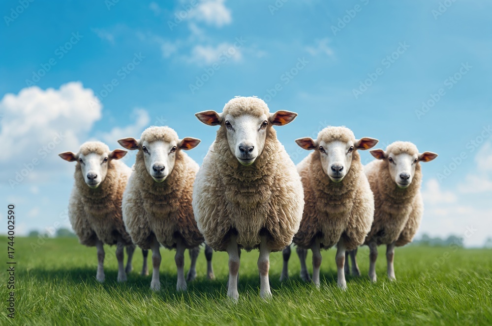 Fototapeta premium A group of sheep standing in a field, all looking directly at the lens.