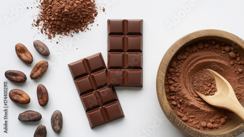 Elegant Chocolate Still Life Featuring Cocoa Beans Powder and Dark Chocolate Bars on a Pristine White Backdrop