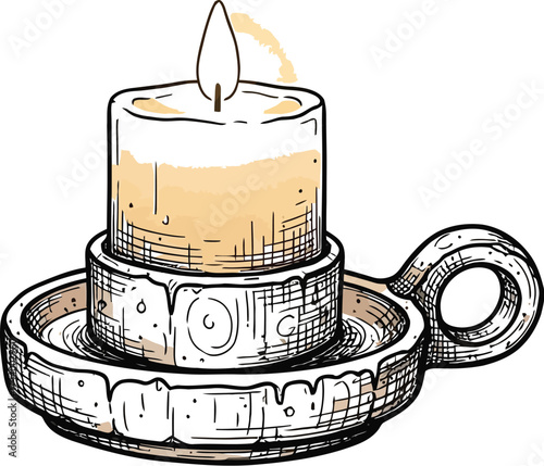 Hand drawn vintage candle glows in holder for peaceful meditation