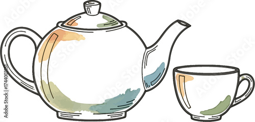 Elegant watercolor teapot and cup illustration for afternoon tea time