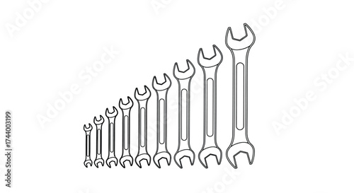 Set of combination wrenches lined up in ascending size on a vector