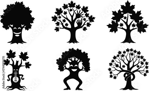 Anthropomorphic maple tree silhouettes, whimsical forest characters, playful face trunks, fantasy botanical art, decorative nature icons, creative vector illustration, expressive cartoon designs