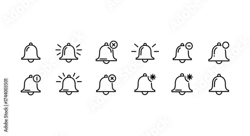 Set of hand drawn bell icons for notifications and alerts showing different states vector