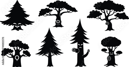 Anthropomorphic tree silhouettes, whimsical cartoon forest characters, expressive trunk faces, fantasy botanical art, decorative nature icons, creative vector illustration, 