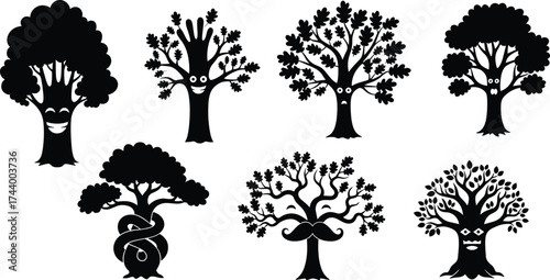 Anthropomorphic tree silhouettes, whimsical face trunks, creative forest characters, fantasy botanical art, decorative nature icons, expressive foliage patterns, playful vector illustration set