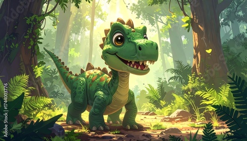 Fototapeta Naklejka Na Ścianę i Meble -  Cute cartoon baby dinosaur standing in a lush green prehistoric forest.