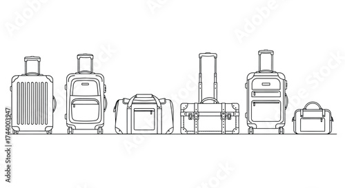 Collection of travel luggage suitcases and bags stylized sketch graphics for journey. vector