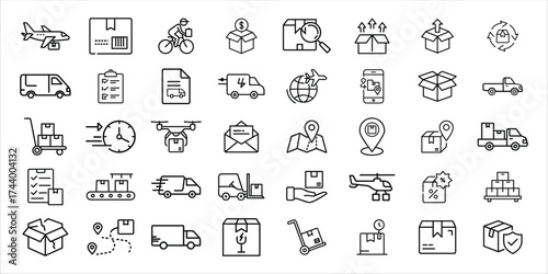 Collection of hand drawn icons representing delivery and logistics services