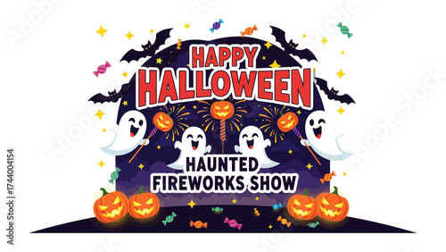 Happy Halloween Festive Sign: A colorful and whimsical sign announces a Happy Halloween and Haunted Fireworks Show. The design is filled with cheerful symbols of the season, including ghosts.