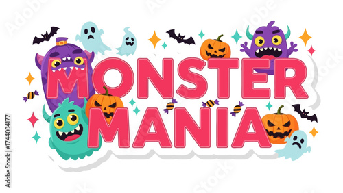 Monster Mania: A vibrant and whimsical composition showcasing a playful ensemble of colorful monsters, pumpkins, and spooky elements, creating a captivating scene perfect for Halloween celebrations.