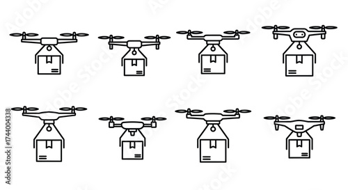 Modern drone delivery service concept with multiple quadcopters carrying boxes vector