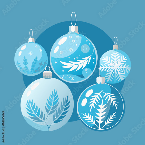 Set of five cool blue vector christmas baubles festive winter holiday decoration illustration scalable