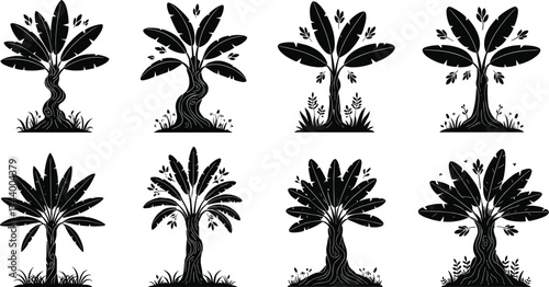 Banana tree silhouettes, tropical plant vector, exotic foliage design, decorative nature icons, black botanical illustration, palm leaves, landscape elements, jungle artwork