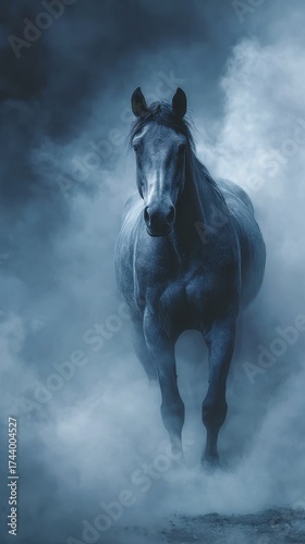 Majestic Black Horse Emerging From Ethereal Blue Mist