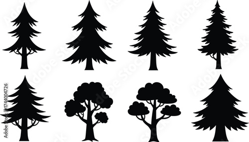 Conifer and deciduous tree silhouettes, pine and fir icons, stylized forest patterns, decorative botanical vector, black nature illustration, seasonal artwork set