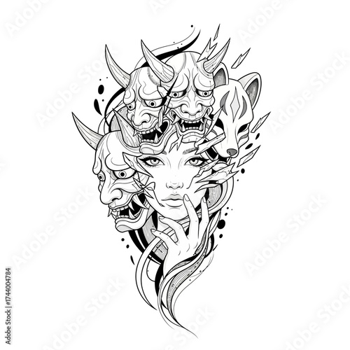 A symbolic black and white illustration of a woman's identity surrounded by Japanese demon and spirit masks