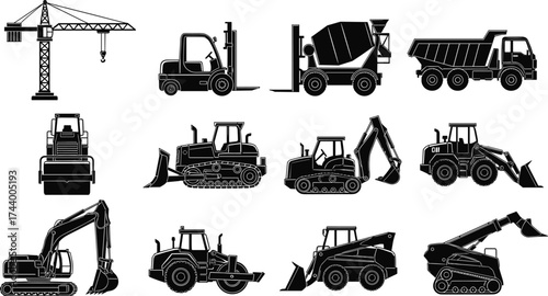 Construction vehicles silhouettes, cranes forklifts trucks rollers excavators bulldozers loaders tractors icons, heavy machinery illustration set for engineering and building design