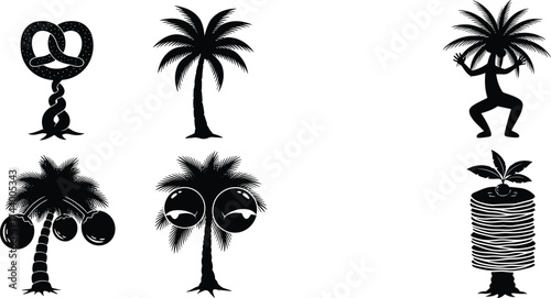 Creative palm tree silhouettes, whimsical tropical designs, anthropomorphic trunks, fantasy botanical art, decorative nature icons, exotic foliage patterns, playful vector illustration set