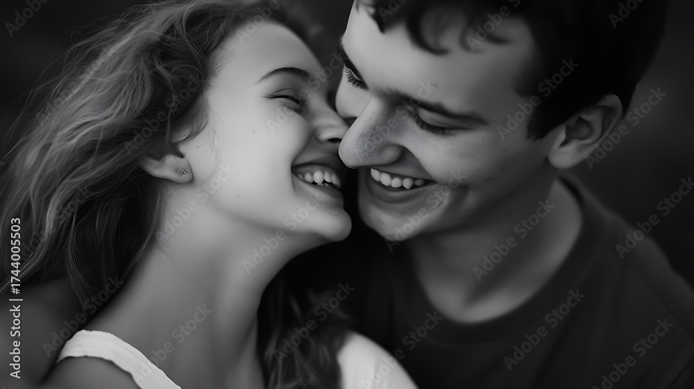 Fototapeta premium Close up of a couple, with noses almost touching, both laughing and happy. Black and white photo with dark background. Young love, fun.