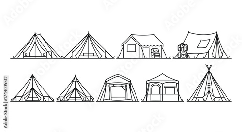Collection of camping tents and structures in outline style for outdoor adventures vector