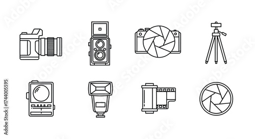 Collection of vintage and modern photography equipment icons and line art drawings vector