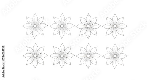 Eight delicate wireframe starburst shapes with a central point and radiating lines in a grid vector