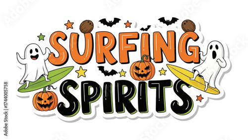 Spirits Surfing Fun: A fun Halloween illustration depicts spectral surfers catching waves on their boards, joined by pumpkins and a playful atmosphere, capturing the excitement of the season.