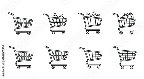 Eight hand drawn shopping carts representing different stages of a purchase online vector