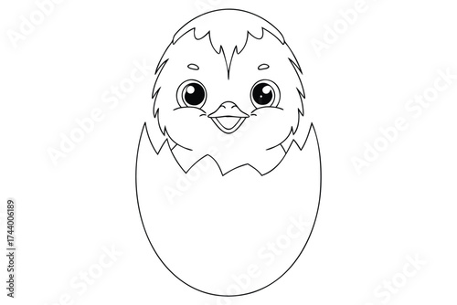 Cute cartoon chick hatching from cracked eggshell outline baby bird
