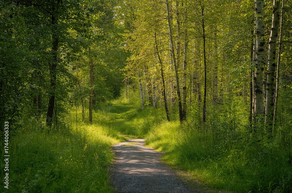 Fototapeta premium Tranquil Trail Amidst Vibrant Greenery and Tall Birch Trees in a Quiet Woodland