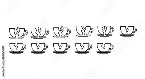 Collection of broken coffee tea cups and saucers showing cracks and shattered pieces vector