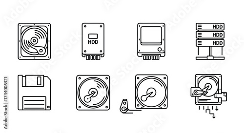 Vintage computer hardware icons set floppy disk hard drives monitors servers retro technology collection vector