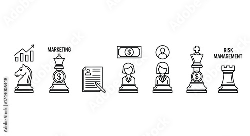 Business strategy icons set chess pieces people money graph document business goal achievement vector
