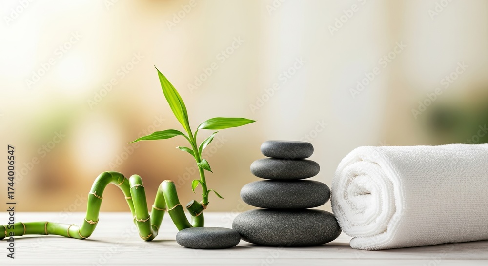 Obraz premium A bamboo plant with green leaves and a white towel on a wooden table.