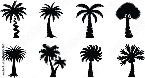 Palm tree silhouettes, tropical plant vector, exotic foliage designs, decorative botanical icons, black nature illustration, beach landscape elements, summer paradise jungle artwork