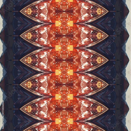 Radiant symmetrical abstract pattern with fiery orange and dark blue tones creating a mesmerizing kaleidoscope texture. Perfect for modern design and decoration.