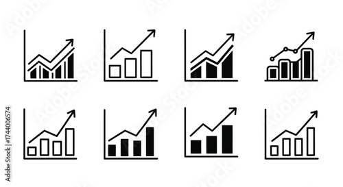 Collection of hand drawn bar and line graphs showing upward trend and growth vector