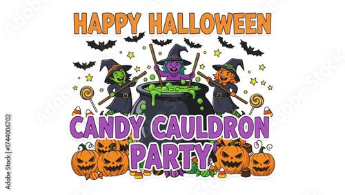 Halloween Candy Cauldron Party: Festive illustration showcasing cheerful witches and spooky pumpkins amidst a celebratory gathering. Inviting viewers into a world of sweets and treats.