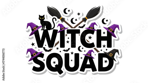Witch Squad Halloween Fun: Whimsical Illustration: An artistic Halloween composition, featuring the text Witch Squad alongside playful witch hats, broomsticks, and a sleek black cat.
