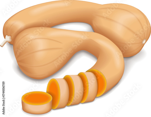 Whole and chopped Dutch Crookneck Squash or Pennsylvania Dutch crookneck. Winter squash. Cucurbita moschata. Isolated vector illustration.