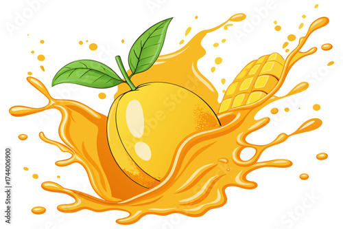 Sweet Mango Liquid Splash with Leaves Clipart