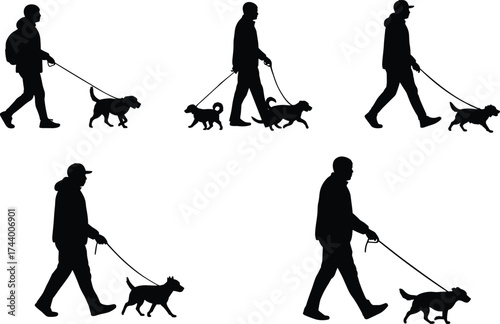 Dog walking silhouettes, people with pets vector, outdoor activity illustration, pet owner artwork, lifestyle design graphic, animal companionship concept, cad drawing flat vector