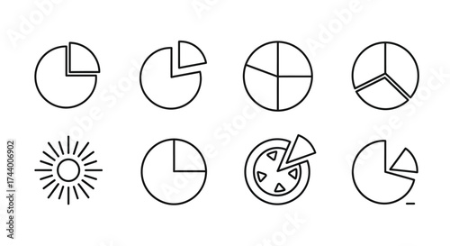 Hand drawn pie chart icons set collection diverse slices simple sketch style graphic elements vector