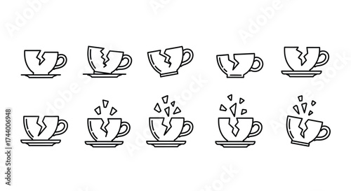 Set of cracked coffee cups with flowers blooming symbolizing resilience and new beginnings vector