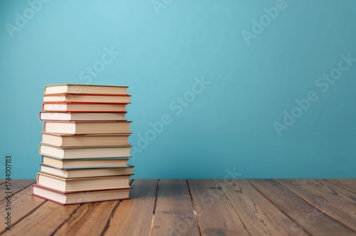 Books piled on a wooden sur...