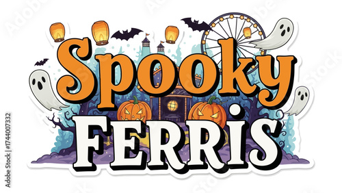 Spooky Ferris: A captivating illustration featuring an exciting Ferris wheel, ghosts, pumpkins, bats, and lanterns, capturing the spirit of Halloween. 