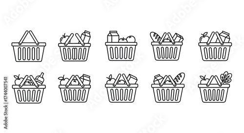 Set of ten hand drawn grocery baskets filled with fresh food items for shopping and healthy eating icons vector