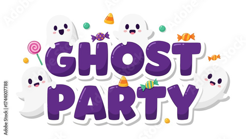 Ghost Party: Playful ghosts and delicious candies come together to invite you to a fun and whimsical party experience. The image is perfect for the Halloween, celebrating spooktacular season.