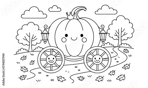 Cute pumpkin carriage with smileys in a whimsical autumn landscape