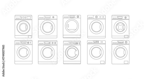 Collection of various washing machine designs and appliances for laundry rooms vector
